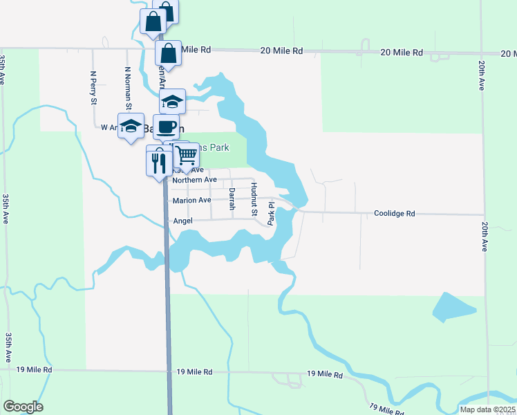 map of restaurants, bars, coffee shops, grocery stores, and more near 145 Hudnut Street in Barryton