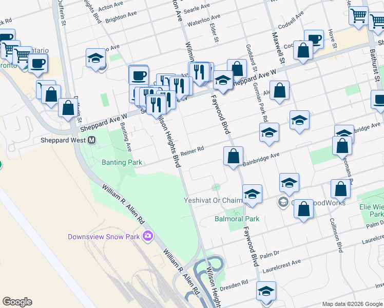 map of restaurants, bars, coffee shops, grocery stores, and more near 227 Reiner Road in Toronto