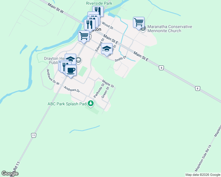 map of restaurants, bars, coffee shops, grocery stores, and more near 72 Maple Street in Wellington County