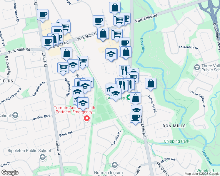 map of restaurants, bars, coffee shops, grocery stores, and more near 33 Kern Road in Toronto