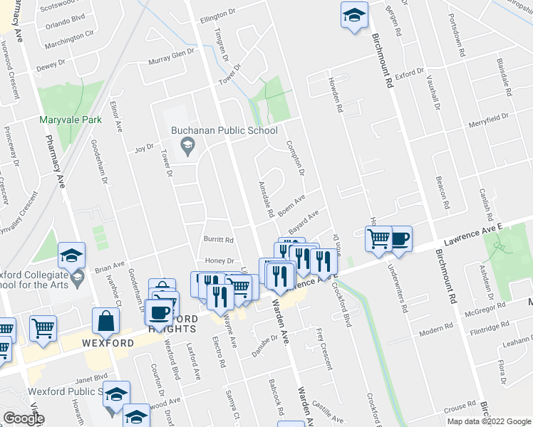map of restaurants, bars, coffee shops, grocery stores, and more near 46 Ainsdale Road in Toronto