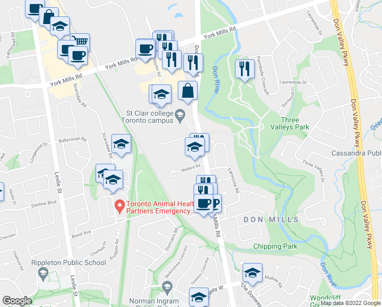 map of restaurants, bars, coffee shops, grocery stores, and more near 1396 Don Mills Road in Toronto