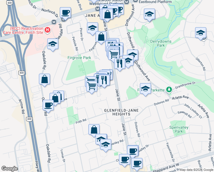 map of restaurants, bars, coffee shops, grocery stores, and more near 32 Eddystone Avenue in Toronto