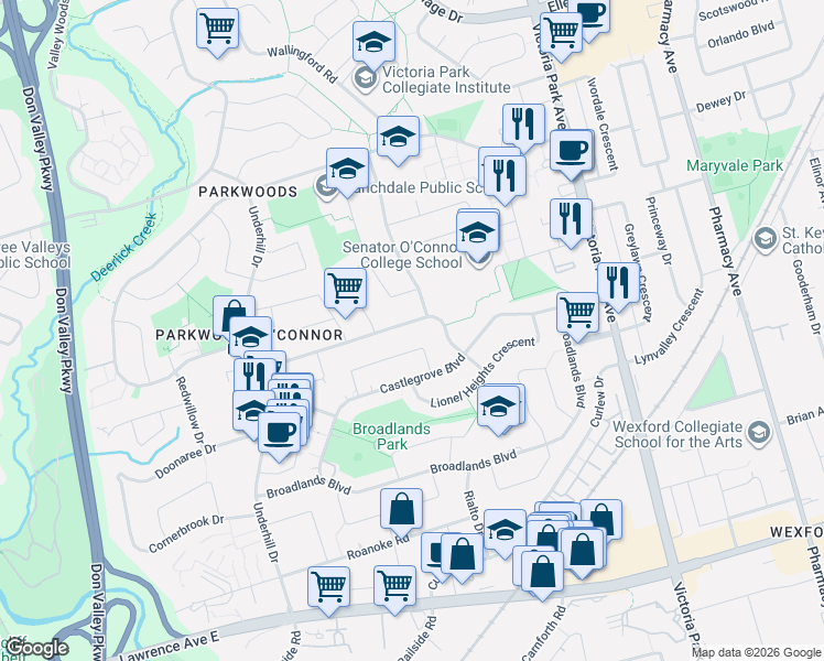 map of restaurants, bars, coffee shops, grocery stores, and more near 59 Beveridge Drive in Toronto