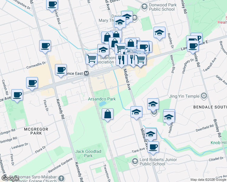 map of restaurants, bars, coffee shops, grocery stores, and more near 101 Prudential Drive in Toronto