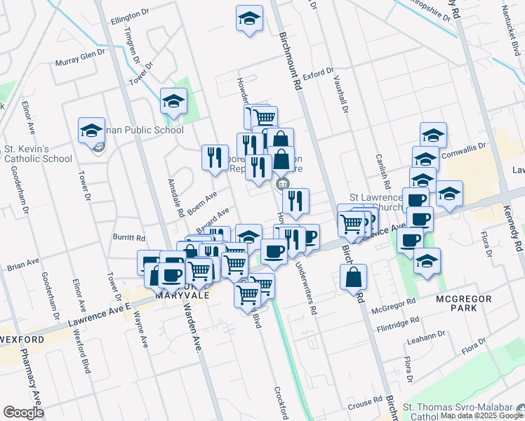 map of restaurants, bars, coffee shops, grocery stores, and more near 3-32 Howden Road in Toronto