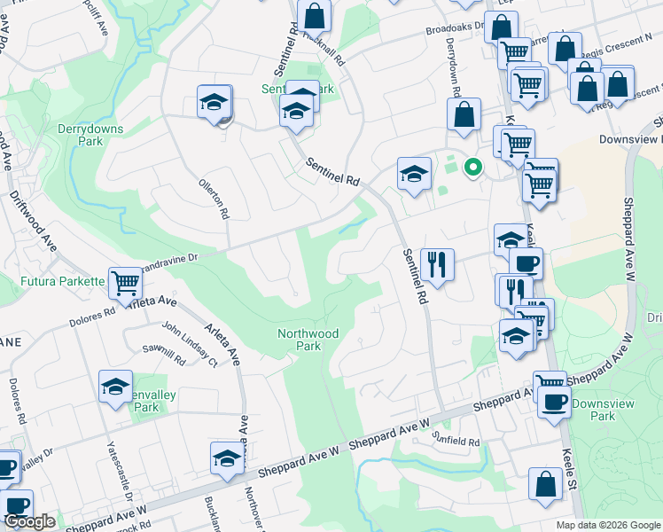 map of restaurants, bars, coffee shops, grocery stores, and more near in Toronto