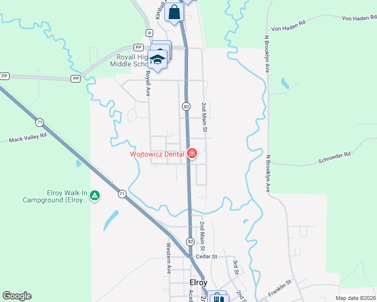 map of restaurants, bars, coffee shops, grocery stores, and more near 1202 Academy Street in Elroy