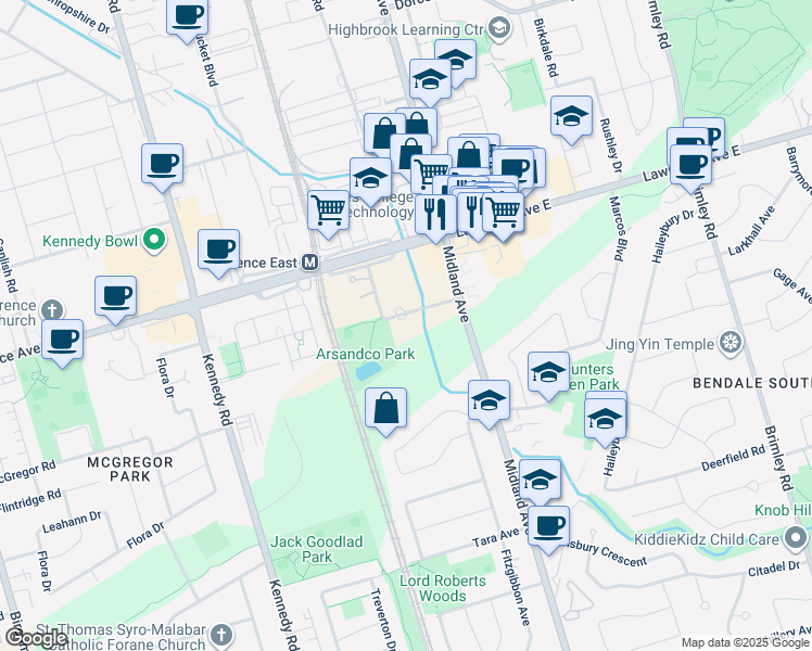 map of restaurants, bars, coffee shops, grocery stores, and more near 102 Prudential Drive in Toronto