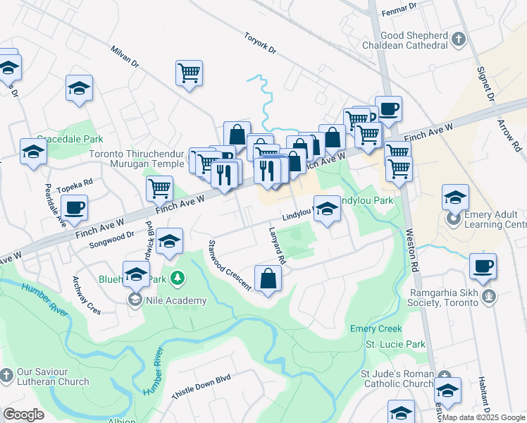 map of restaurants, bars, coffee shops, grocery stores, and more near 137 Lindylou Road in Toronto