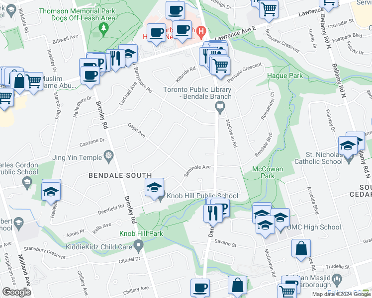 map of restaurants, bars, coffee shops, grocery stores, and more near in Toronto
