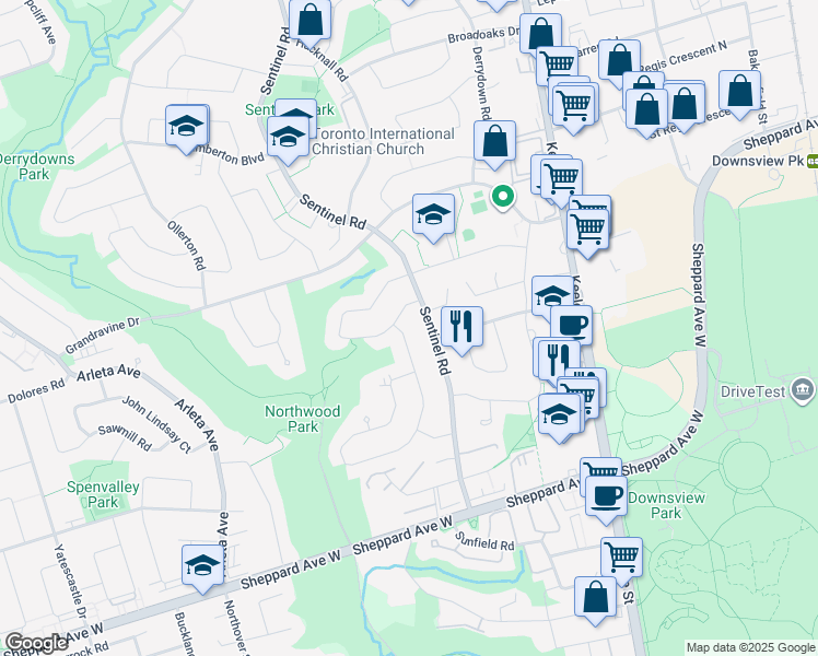 map of restaurants, bars, coffee shops, grocery stores, and more near in Toronto