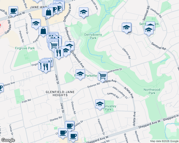 map of restaurants, bars, coffee shops, grocery stores, and more near 278 Grandravine Drive in Toronto
