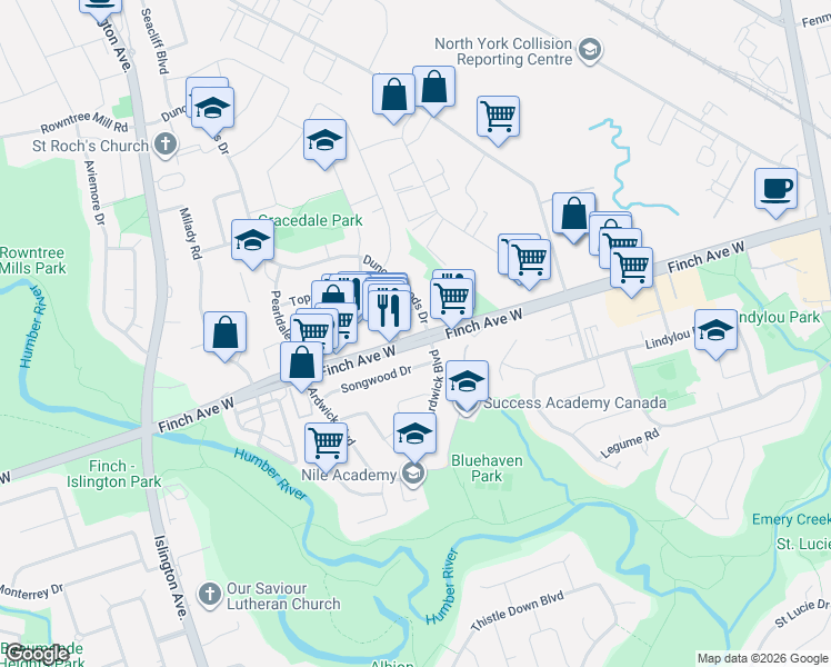 map of restaurants, bars, coffee shops, grocery stores, and more near 2492 Finch Avenue West in Toronto