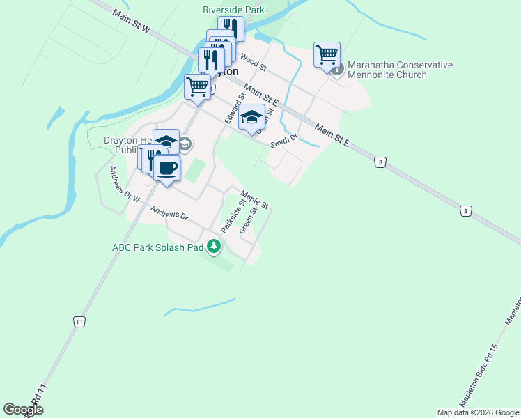 map of restaurants, bars, coffee shops, grocery stores, and more near 72 Maple Street in Wellington County