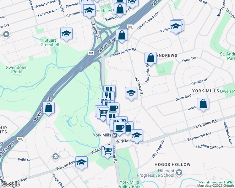 map of restaurants, bars, coffee shops, grocery stores, and more near 11 William Carson Crescent in Toronto