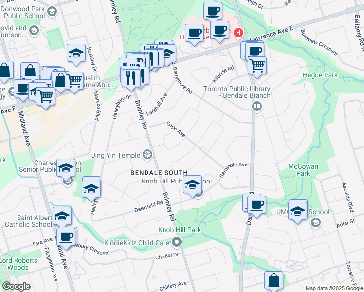 map of restaurants, bars, coffee shops, grocery stores, and more near 29 Kilgreggan Crescent in Toronto