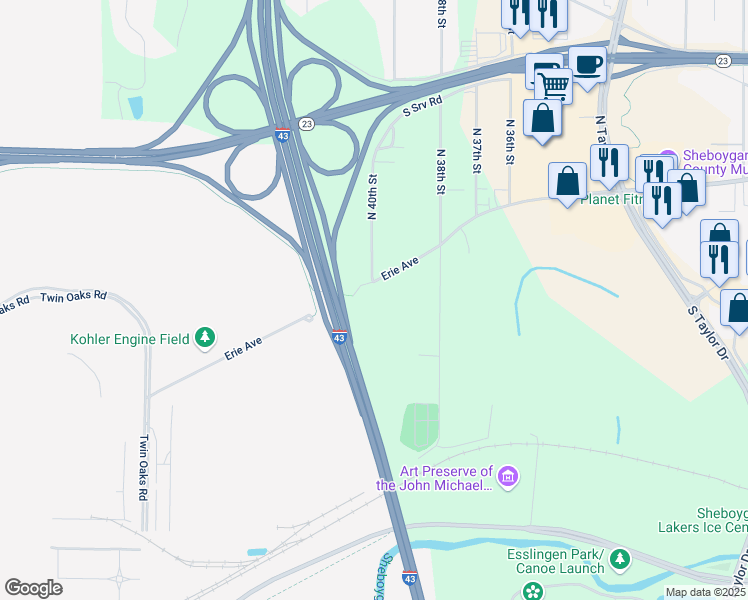 map of restaurants, bars, coffee shops, grocery stores, and more near 4001 Erie Avenue in Sheboygan