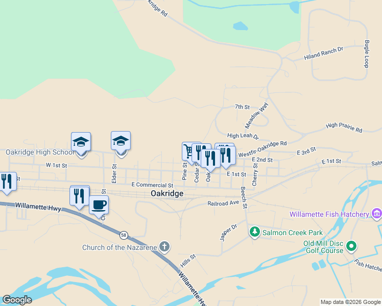 map of restaurants, bars, coffee shops, grocery stores, and more near 48247 East 2nd Street in Oakridge