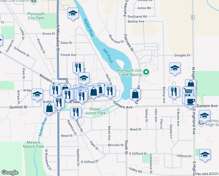 map of restaurants, bars, coffee shops, grocery stores, and more near 530 East Main Street in Plymouth