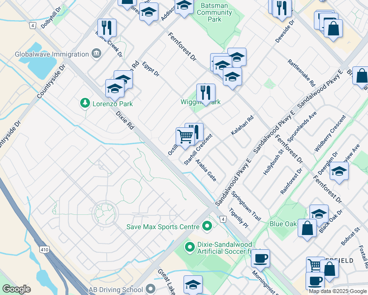 map of restaurants, bars, coffee shops, grocery stores, and more near 96 Starhill Crescent in Brampton