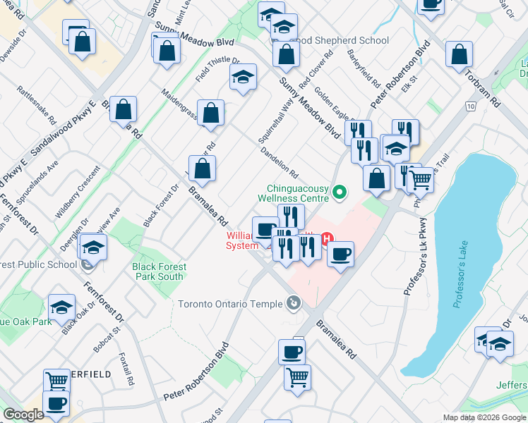 map of restaurants, bars, coffee shops, grocery stores, and more near 33 Dovesong Drive in Brampton