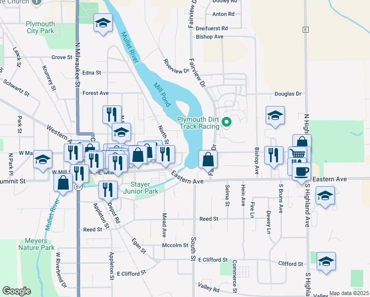 map of restaurants, bars, coffee shops, grocery stores, and more near 640 East Main Street in Plymouth