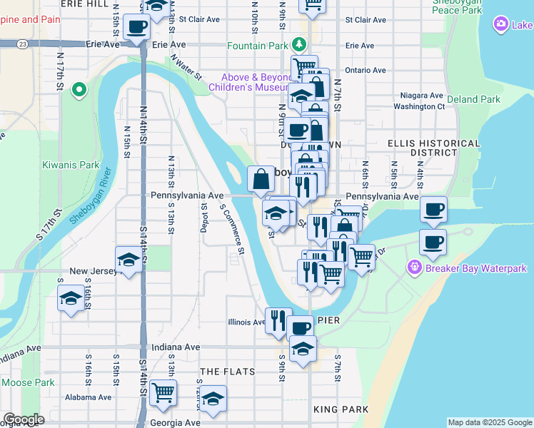 map of restaurants, bars, coffee shops, grocery stores, and more near 526 South Water Street in Sheboygan