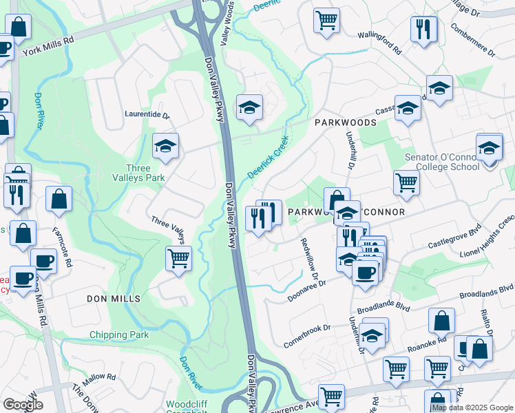 map of restaurants, bars, coffee shops, grocery stores, and more near 82 Cassandra Boulevard in Toronto