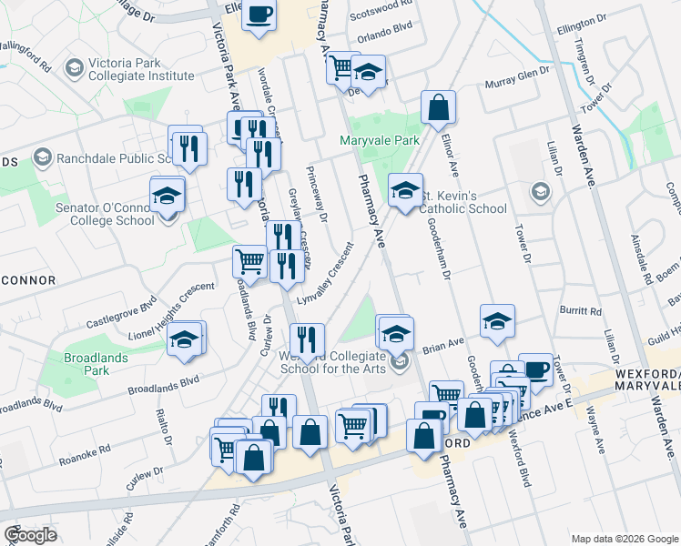 map of restaurants, bars, coffee shops, grocery stores, and more near 37 Lynvalley Crescent in Toronto