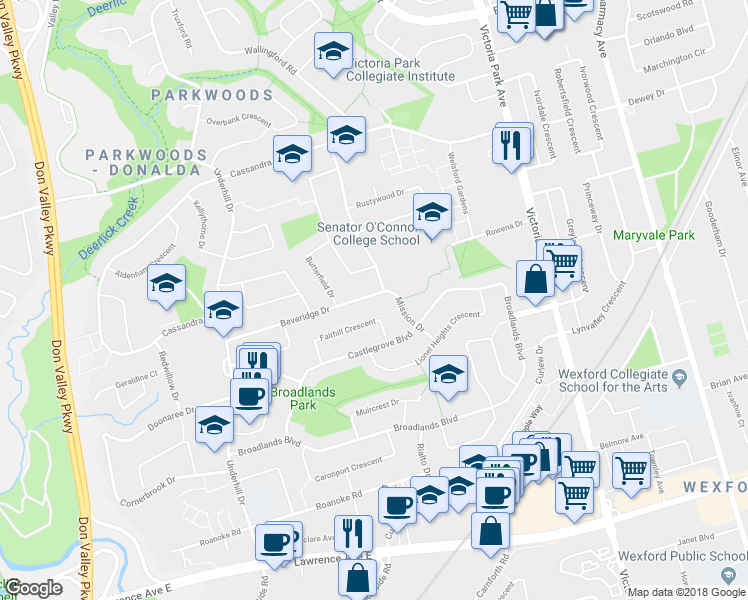 map of restaurants, bars, coffee shops, grocery stores, and more near 59 Beveridge Drive in Toronto