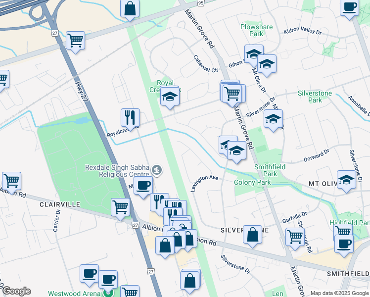 map of restaurants, bars, coffee shops, grocery stores, and more near in Toronto
