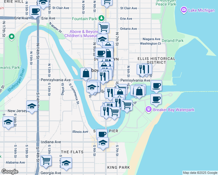 map of restaurants, bars, coffee shops, grocery stores, and more near 531 South 8th Street in Sheboygan
