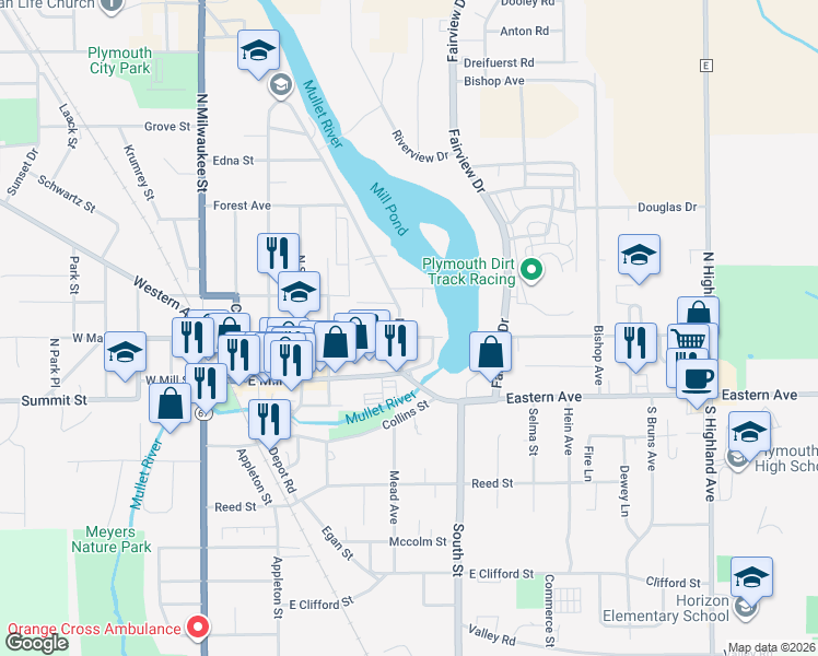 map of restaurants, bars, coffee shops, grocery stores, and more near 530 East Main Street in Plymouth