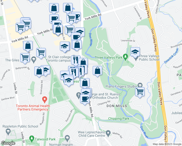 map of restaurants, bars, coffee shops, grocery stores, and more near 11 Yewfield Crescent in Toronto
