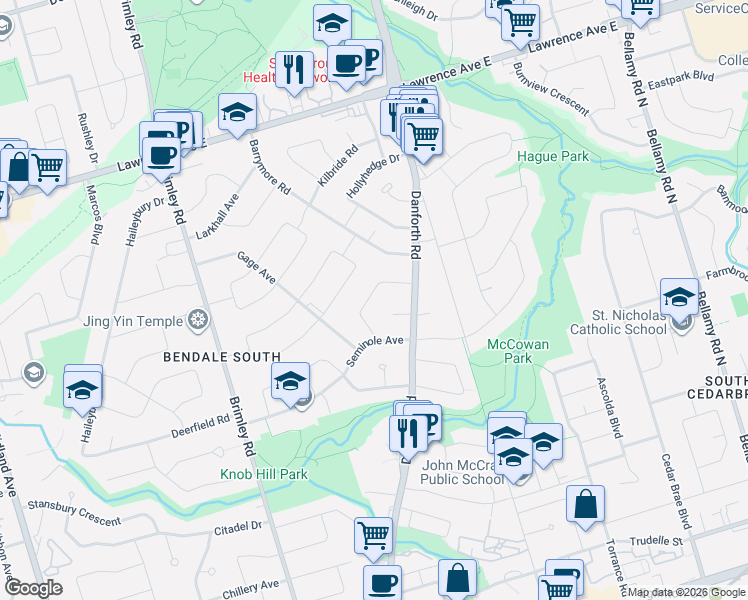 map of restaurants, bars, coffee shops, grocery stores, and more near 21 Mackinac Crescent in Toronto