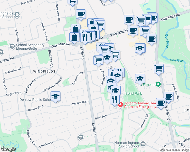 map of restaurants, bars, coffee shops, grocery stores, and more near 15 Merredin Place in Toronto