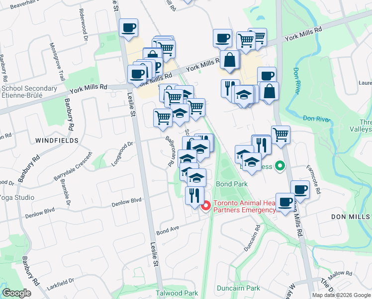 map of restaurants, bars, coffee shops, grocery stores, and more near 60 Scarsdale Road in Toronto