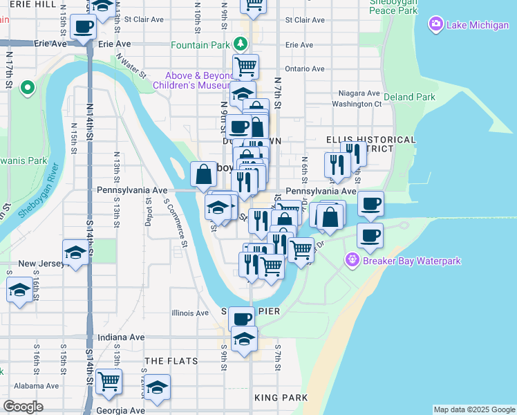 map of restaurants, bars, coffee shops, grocery stores, and more near 531 South 8th Street in Sheboygan