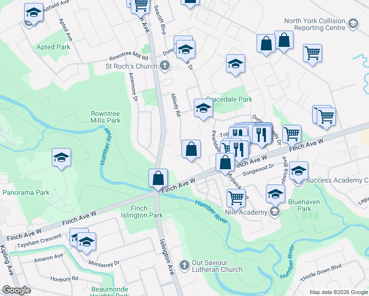 map of restaurants, bars, coffee shops, grocery stores, and more near 57 Milady Road in Toronto