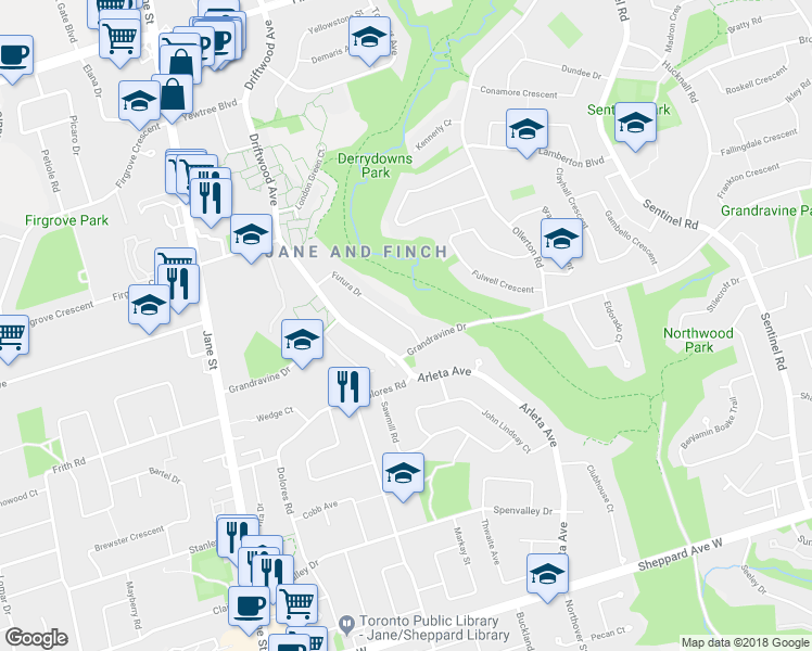 map of restaurants, bars, coffee shops, grocery stores, and more near 17 Futura Drive in Toronto