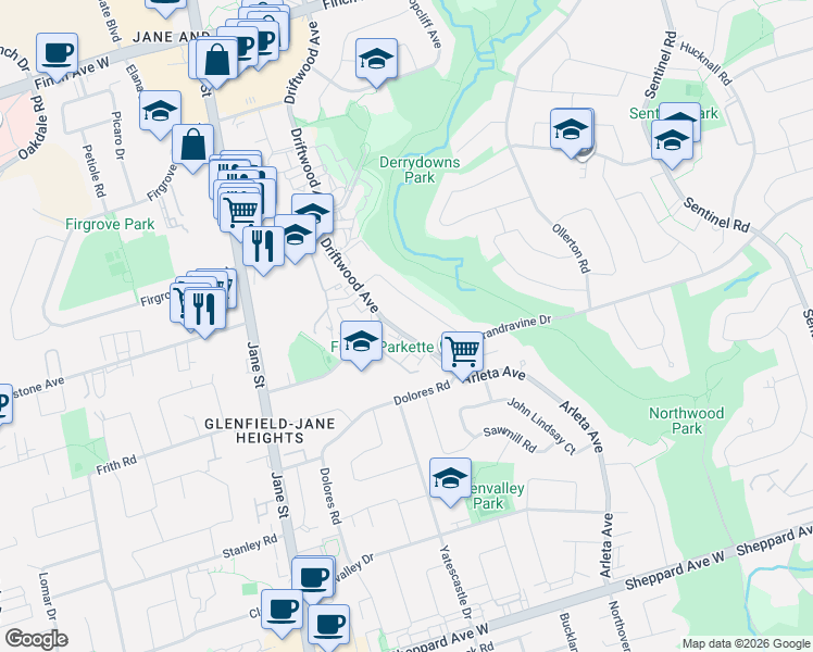 map of restaurants, bars, coffee shops, grocery stores, and more near 278 Grandravine Drive in Toronto