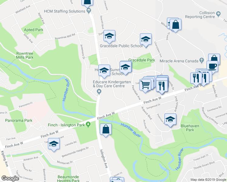 map of restaurants, bars, coffee shops, grocery stores, and more near 57 Milady Road in Toronto