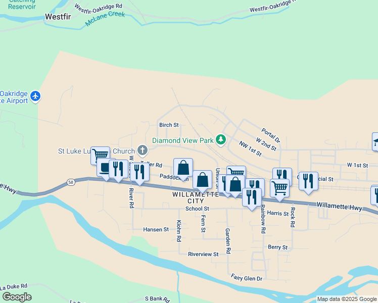map of restaurants, bars, coffee shops, grocery stores, and more near 47590 Union Street in Oakridge