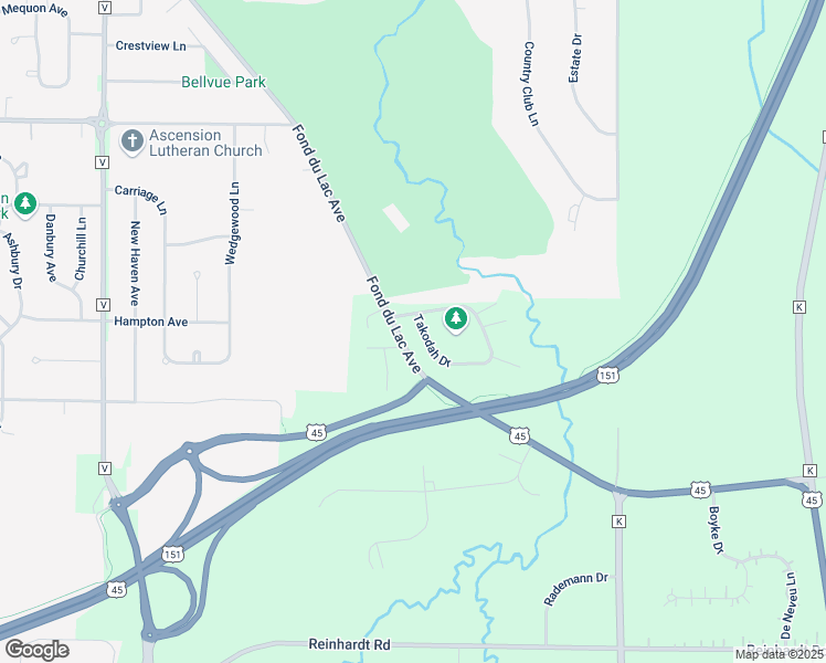 map of restaurants, bars, coffee shops, grocery stores, and more near W4945 Takodah Drive in Fond du Lac