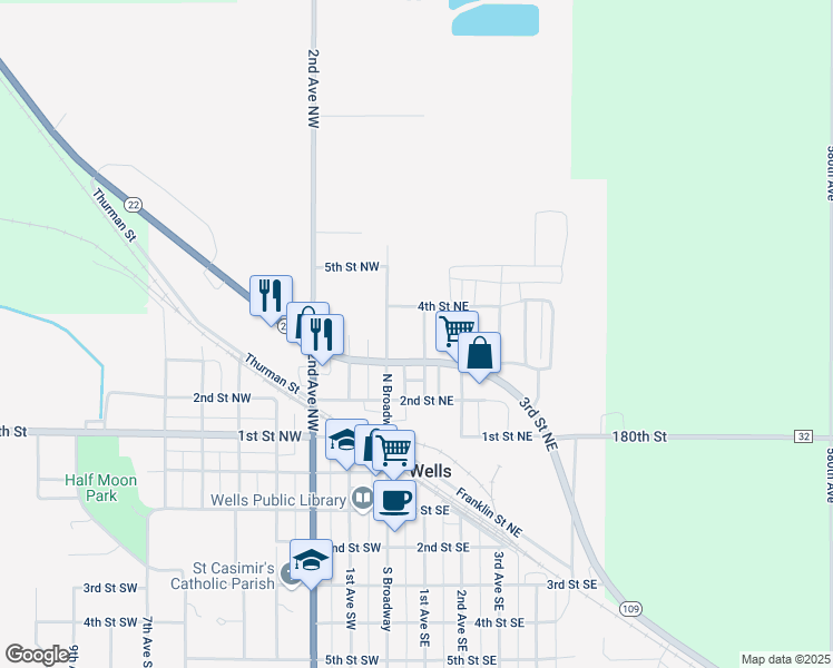 map of restaurants, bars, coffee shops, grocery stores, and more near 354 1st Avenue Northwest in Wells