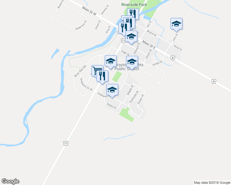map of restaurants, bars, coffee shops, grocery stores, and more near 63 Edward Street in Drayton