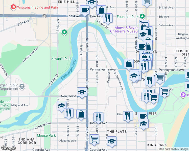 map of restaurants, bars, coffee shops, grocery stores, and more near 526 South 13th Street in Sheboygan