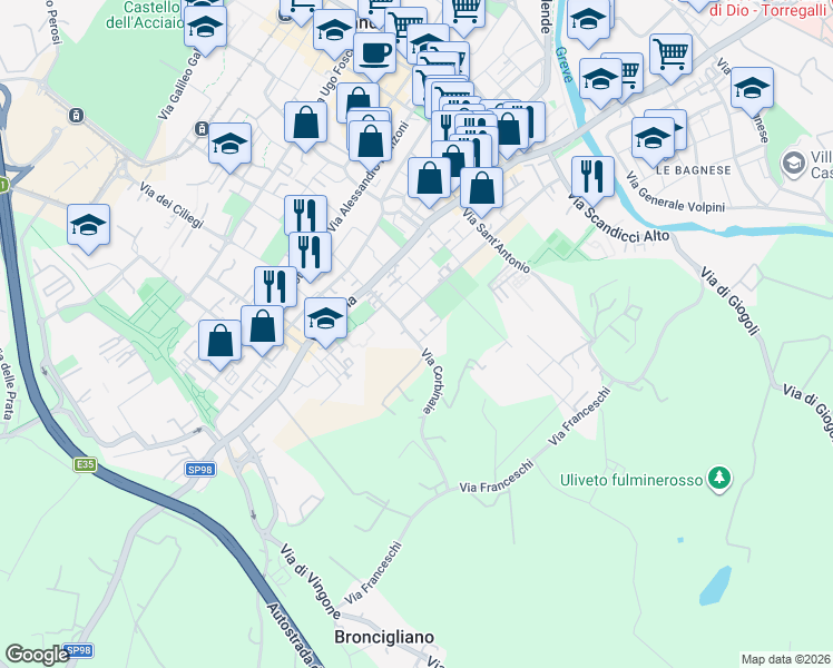map of restaurants, bars, coffee shops, grocery stores, and more near 29 Via Corbinaie in Scandicci