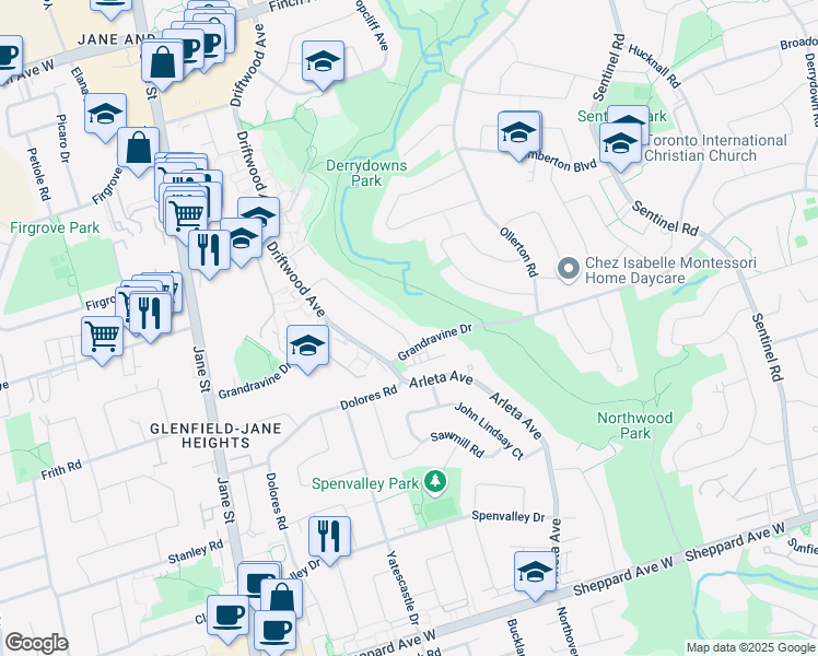 map of restaurants, bars, coffee shops, grocery stores, and more near 17 Futura Drive in Toronto
